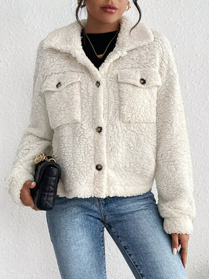Cozy Sherpa Button-Down Jacket White