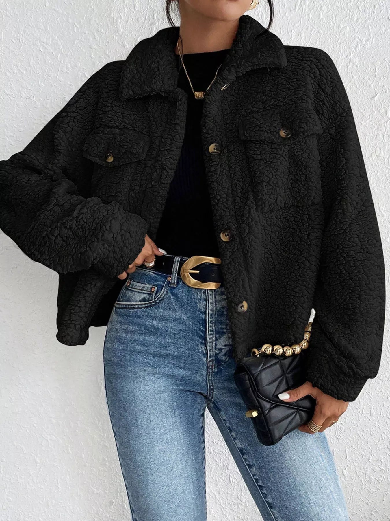 Cozy Sherpa Button-Down Jacket Black