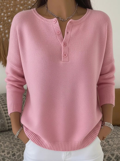 Full Size Half Button Long Sleeve Knit Top Plus Size Pink