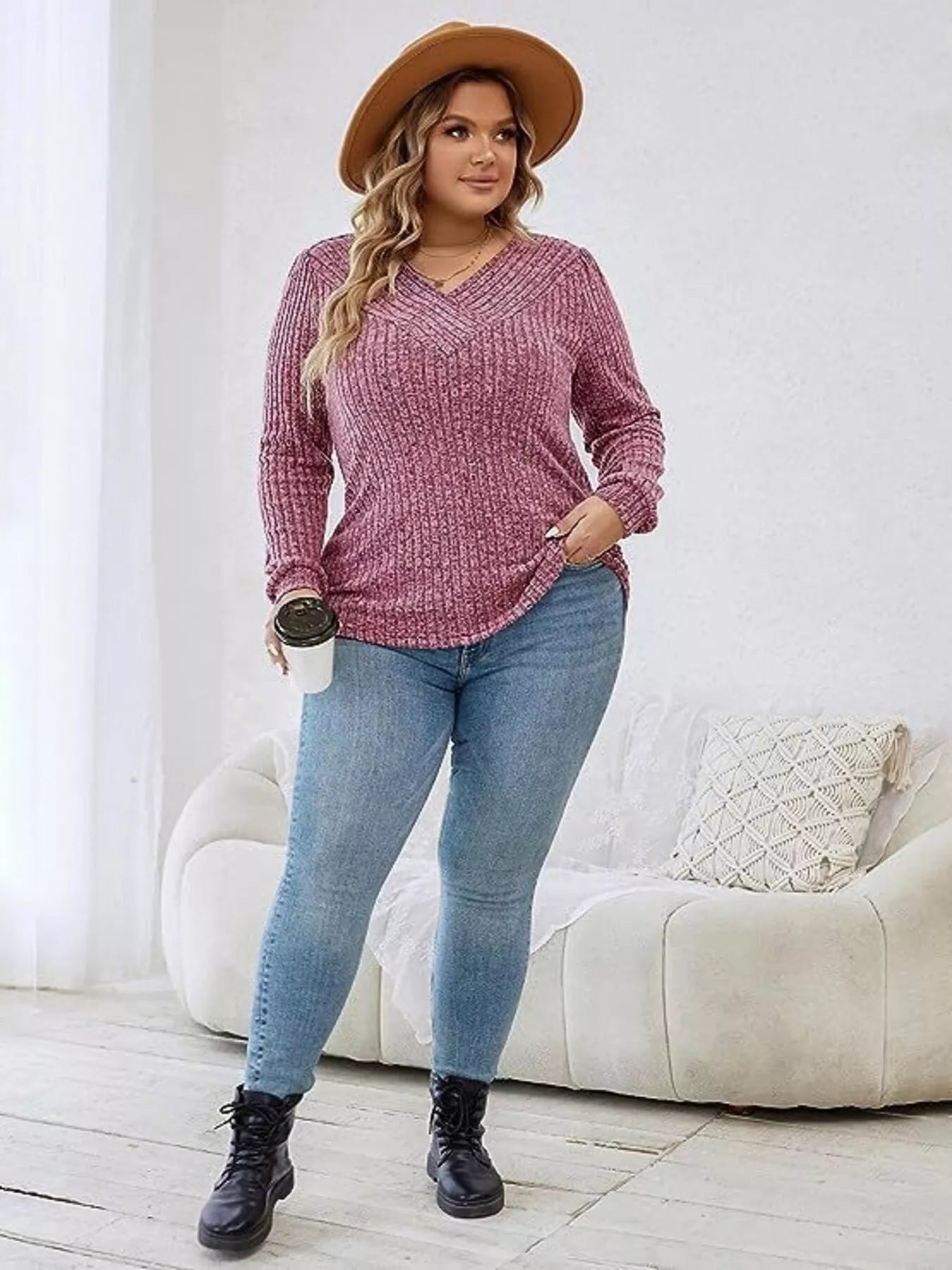 V-Neck Ribbed Long Sleeve Knit Top