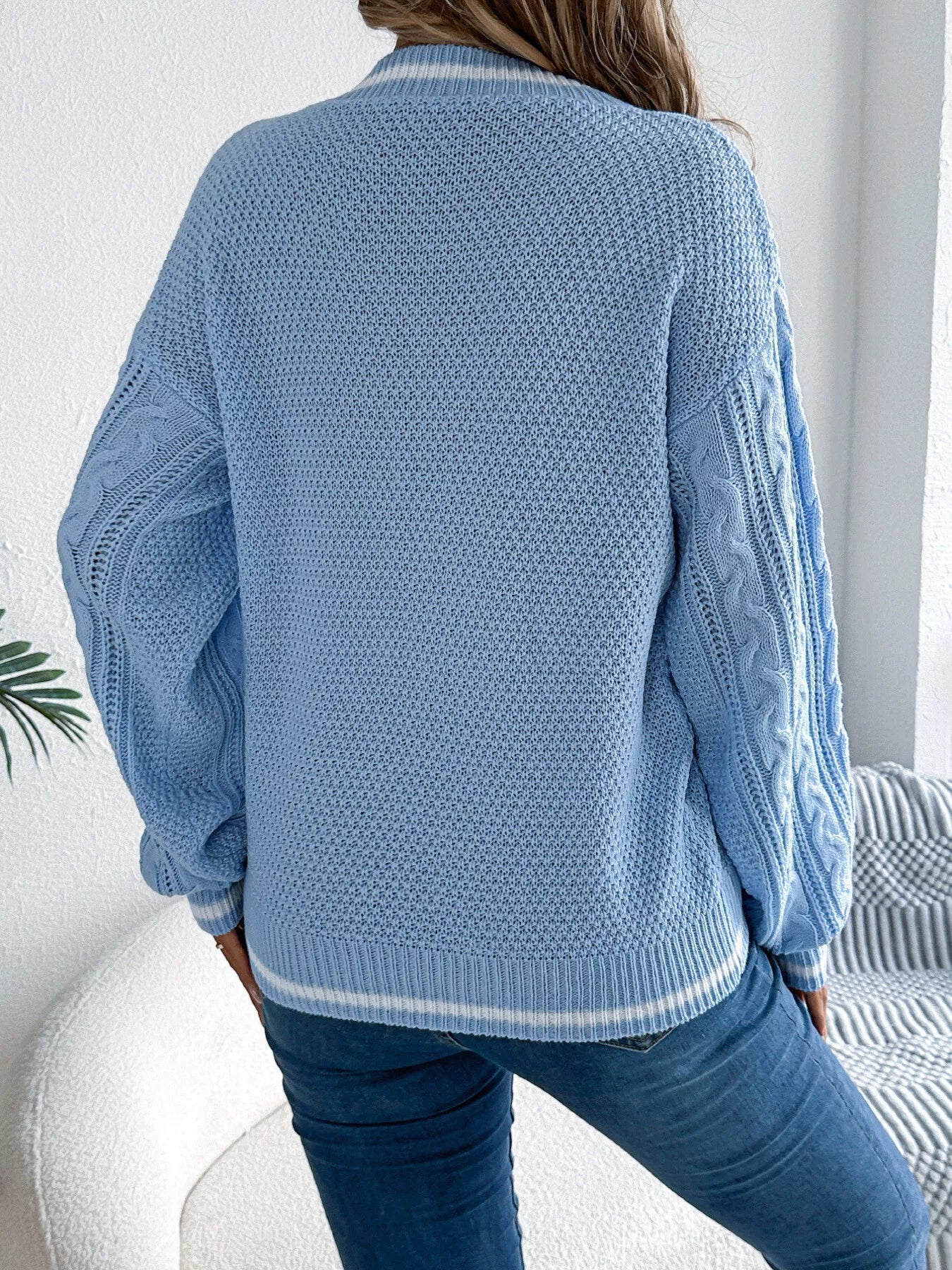Cable Knit V-Neck Long Sleeve Sweater