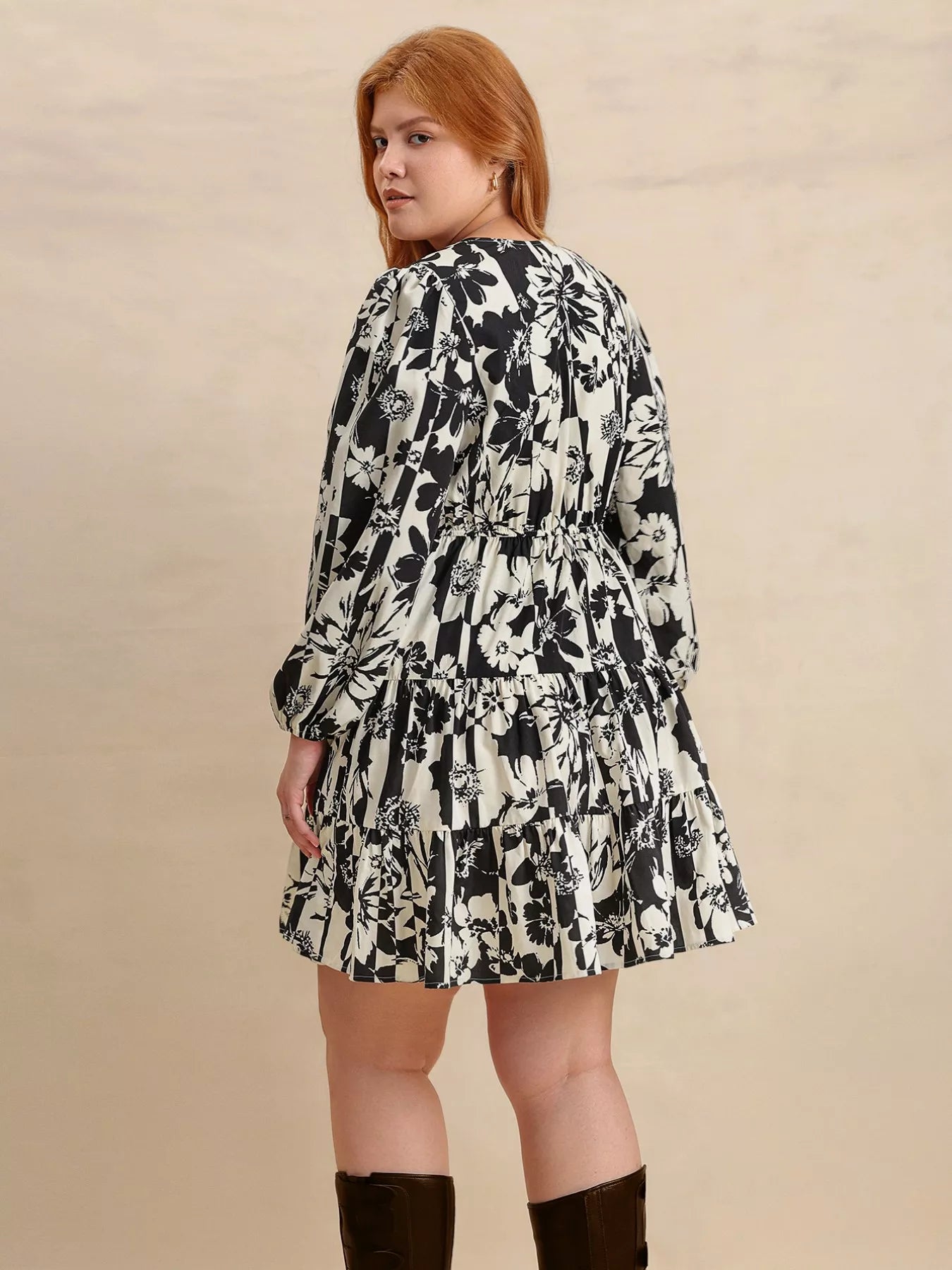 Plus Size Printed V-Neck Long Sleeve Mini Dress