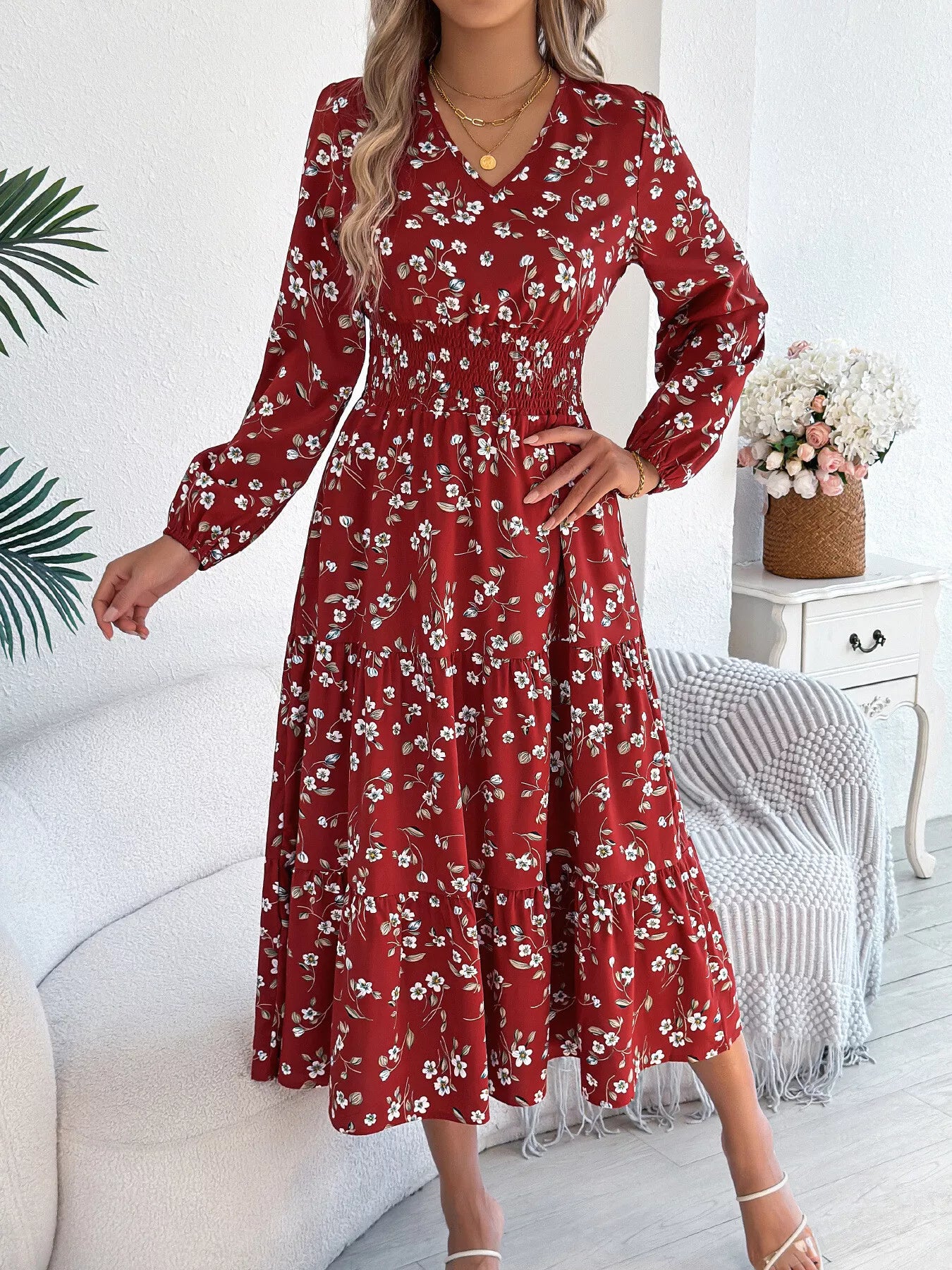 Floral Print Long Sleeve V-Neck Midi Dress Burgundy