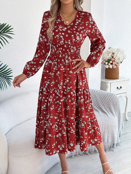 Floral Print Long Sleeve V-Neck Midi Dress Burgundy
