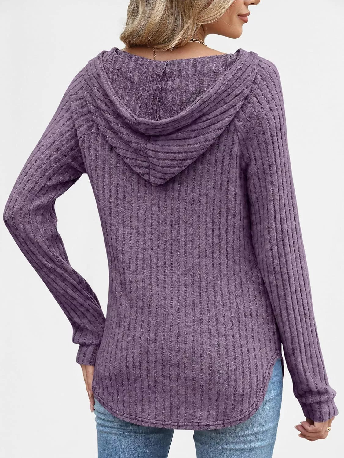 Full Size Ribbed Knit Button Detail Hooded Top Plus Size