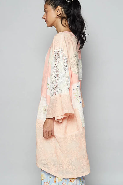 POL Double Gauze and Lace Mix Cardigan with Embroidered Detail