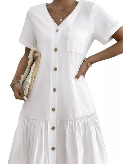 Full Size Button-Front Short Sleeve Tiered Dress Plus Size