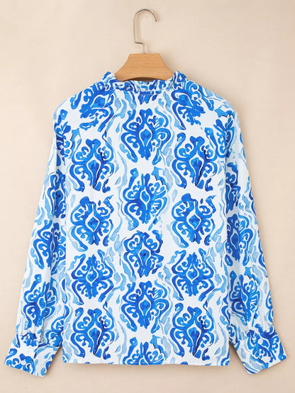 Printed Tie Split Neck Button Front Puff Sleeve Shirt