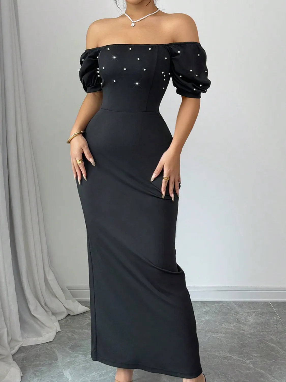 Off Shoulder Short Sleeve Maxi Dress Black