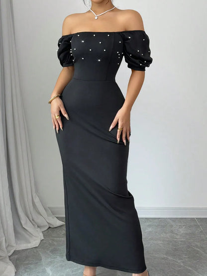 Off Shoulder Short Sleeve Maxi Dress Black