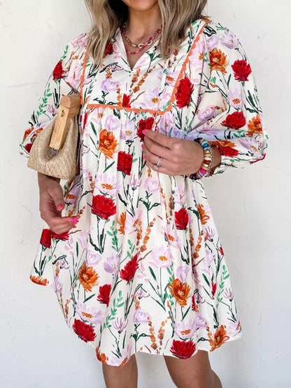 Floral Print 3/4 Sleeve Mini Dress