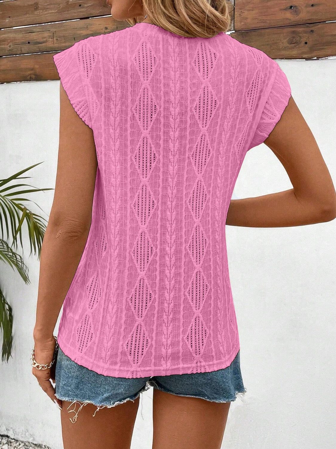 Openwork Round Neck Cap Sleeve Top Pink