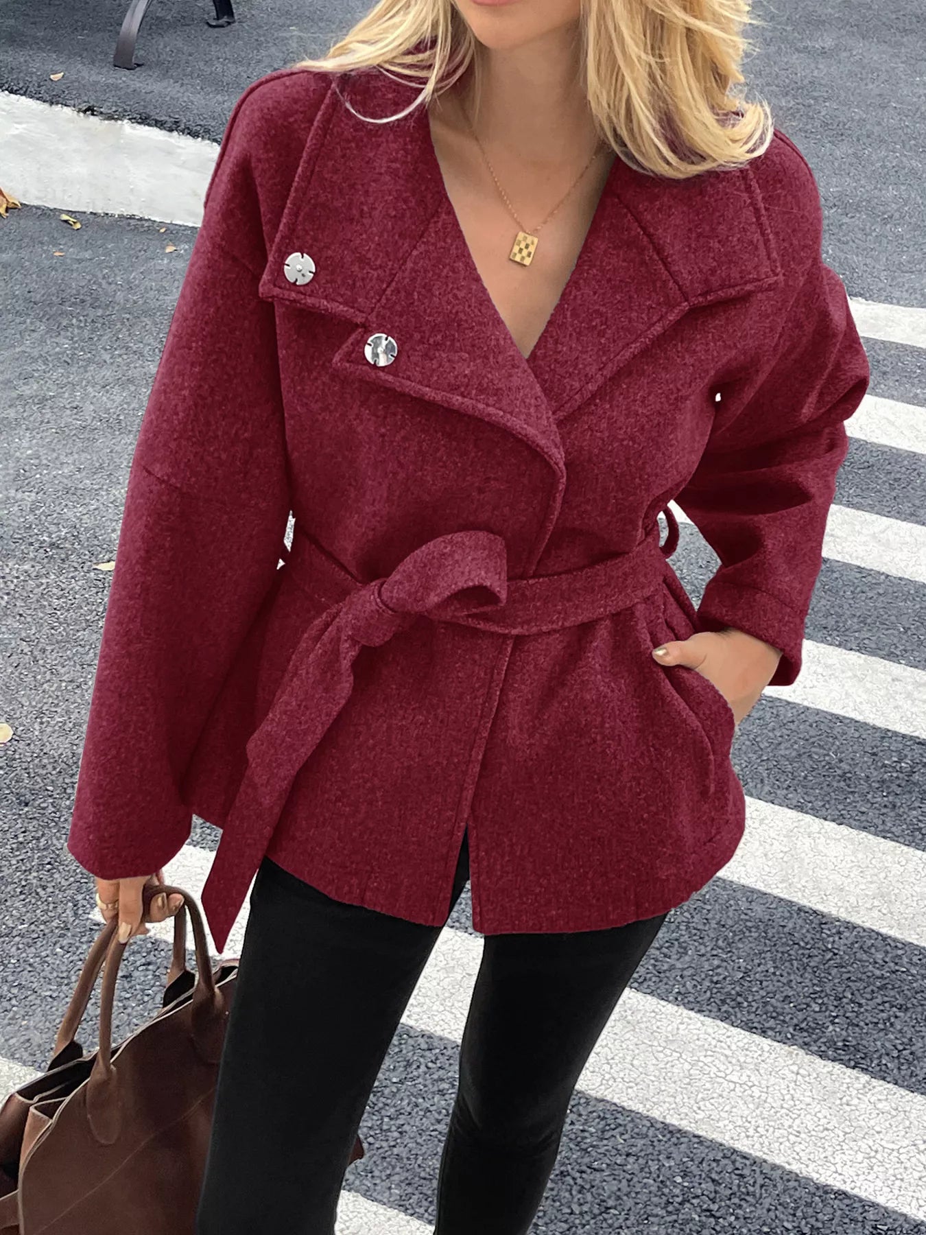 Tie Waist Wool Blend Outerwear Burgundy