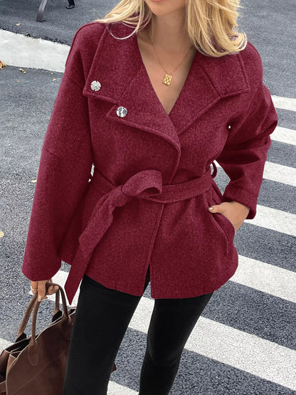 Tie Waist Wool Blend Outerwear Burgundy