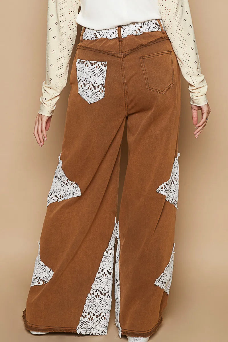 POL Lace Trim Wide Leg Pants