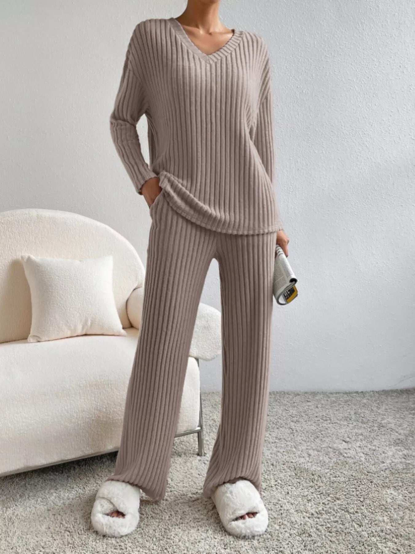Ribbed Knit Long Sleeve Top and Pants Set