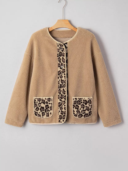 Casual Leopard Print Accent Plush Jacket with Pockets
