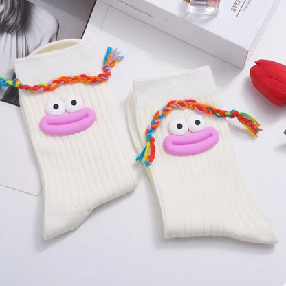 Cartoon Ribbed Knit Crew Socks White E One Size