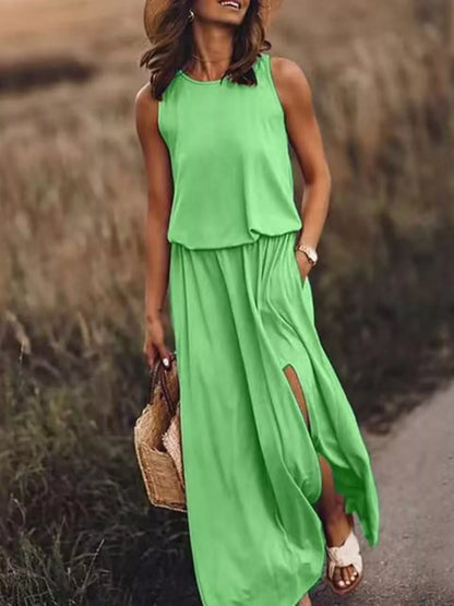 Full Size Round Neck Sleeveless Slit Maxi Dress Plus Size Grass Green