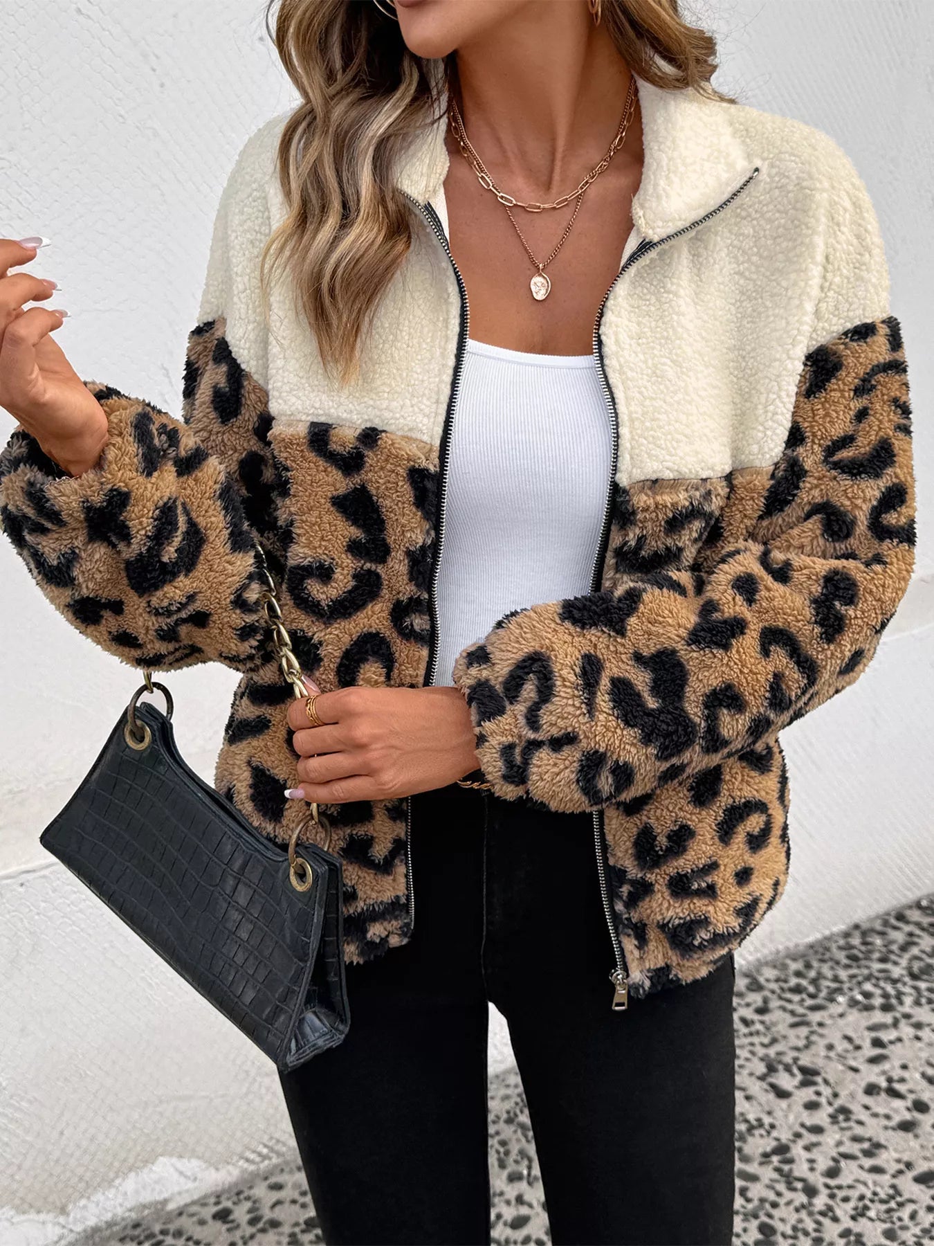 Leopard Zip Up Fleece Jacket Apricot