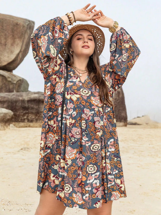 Plus Size Floral Print Long Sleeve Mini Dress Multicolor