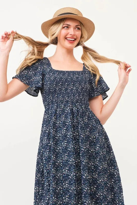 Lime 'N' Chili Smocked Floral Print Flutter Sleeve Midi Dress