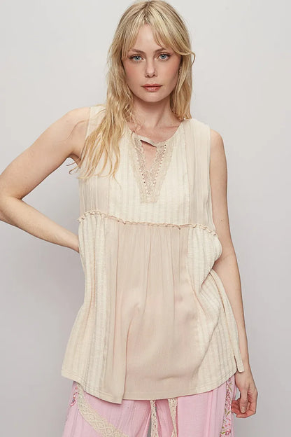 POL Lace Trim Two-Tone Tank with Pintuck Detail