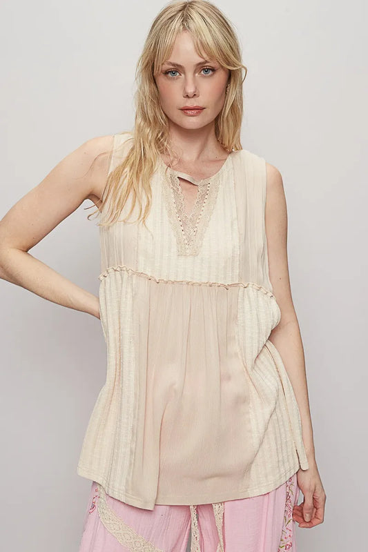POL Lace Trim Two-Tone Tank with Pintuck Detail