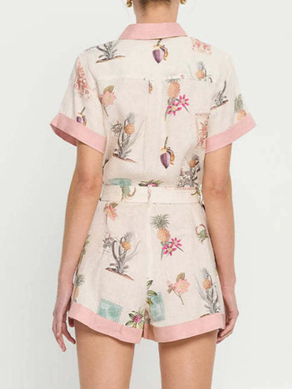 Printed Short Sleeve Romper with Belt