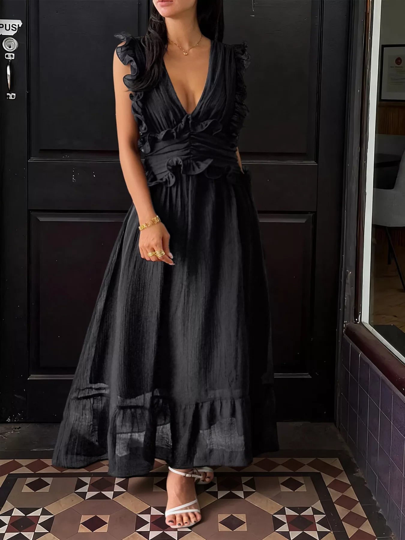 Ruffle Trim Deep V-Neck Maxi Dress Black