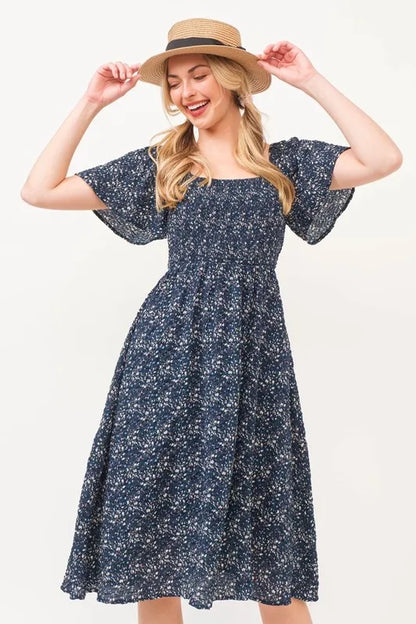 Lime 'N' Chili Smocked Floral Print Flutter Sleeve Midi Dress