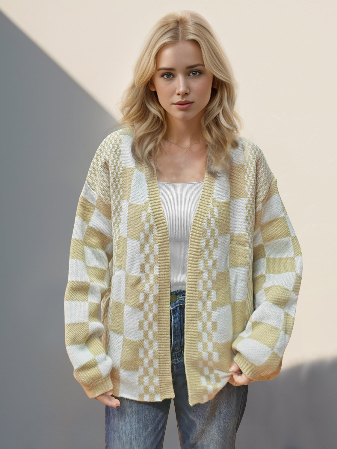 Back To School Sweater - Double Take Checkered Open Front Dropped Shoulder Cardigan Tan