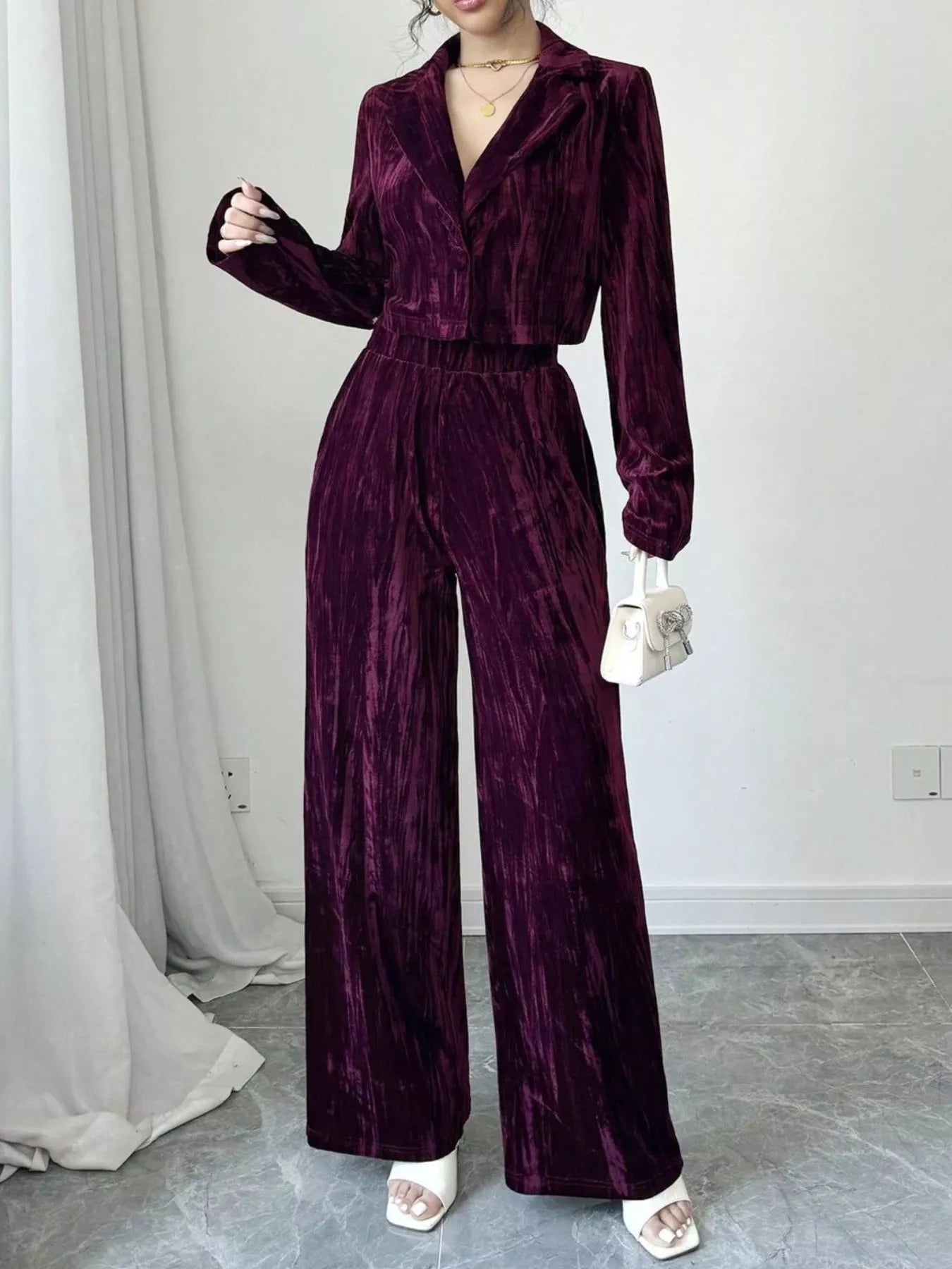 Pleated Velvet Blazer & Wide Leg Pants Set Burgundy