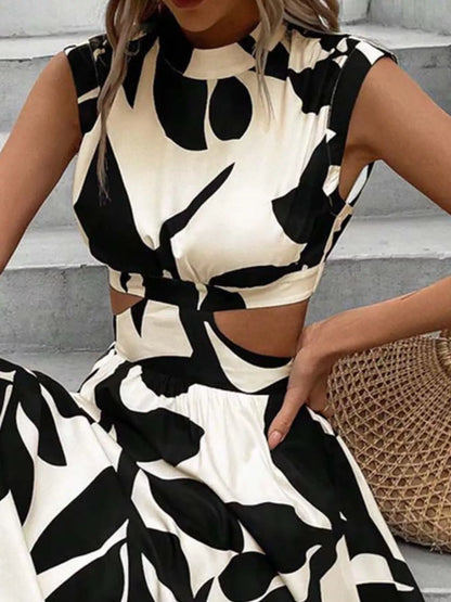 Cutout Printed Sleeveless Dress Black