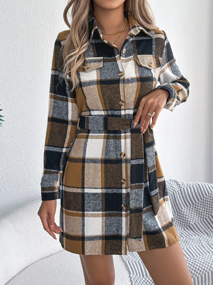 Plaid Button Front Tie Waist Shirt Dress