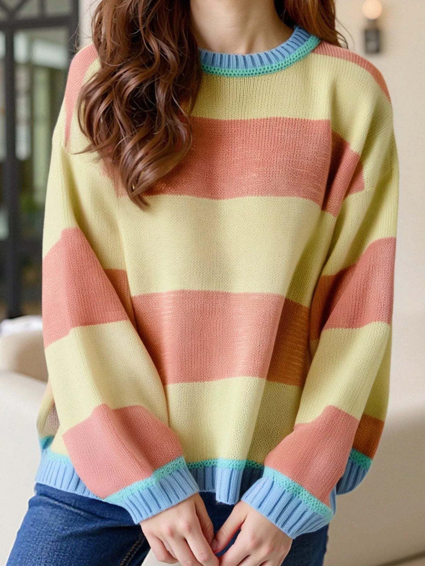 Color Block Round Neck Sweater Yellow