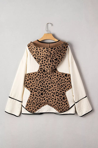 Drawstring Leopard Long Sleeve Hooded Jacket