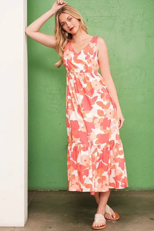 Lime 'N' Chili Sleeveless Floral Print V-Neck Midi Dress