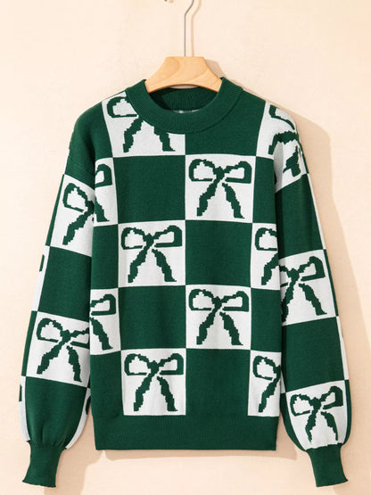 Checkered Bow Round Neck Casual Sweater