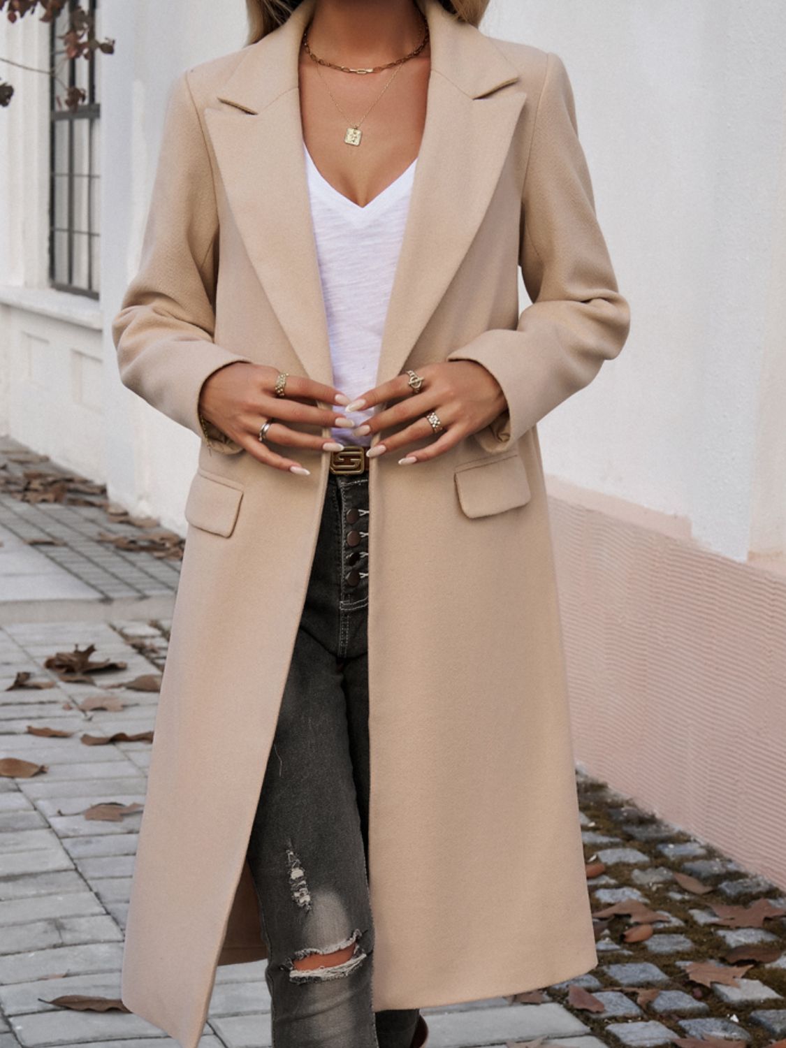 Devine Pocketed Collared Neck Long Sleeve Coat Tan