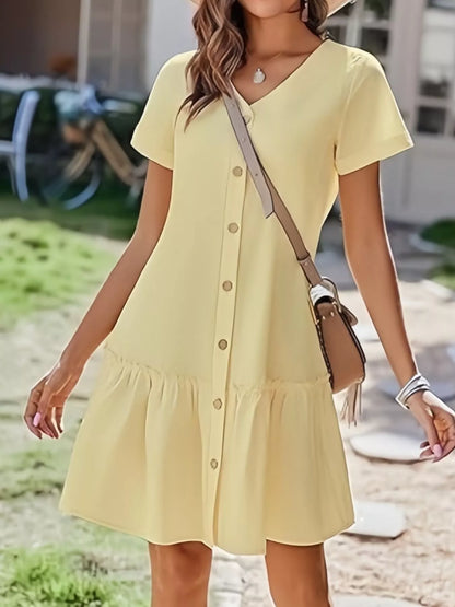 Full Size Button-Front Short Sleeve Tiered Dress Plus Size Beige