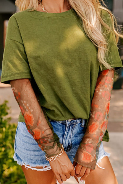 Faux Two Piece Floral Long Sleeve Patchwork Top Matcha Green