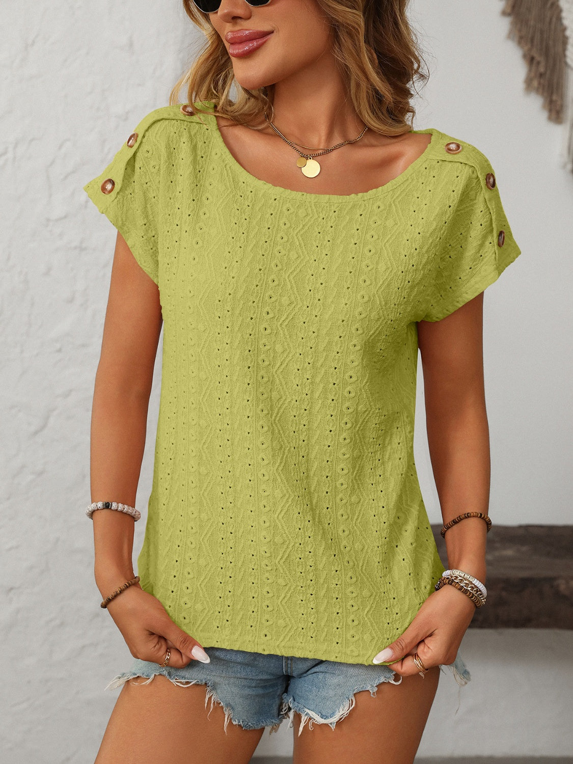 Mandy Eyelet Round Neck Short Sleeve Top Yellow-Green