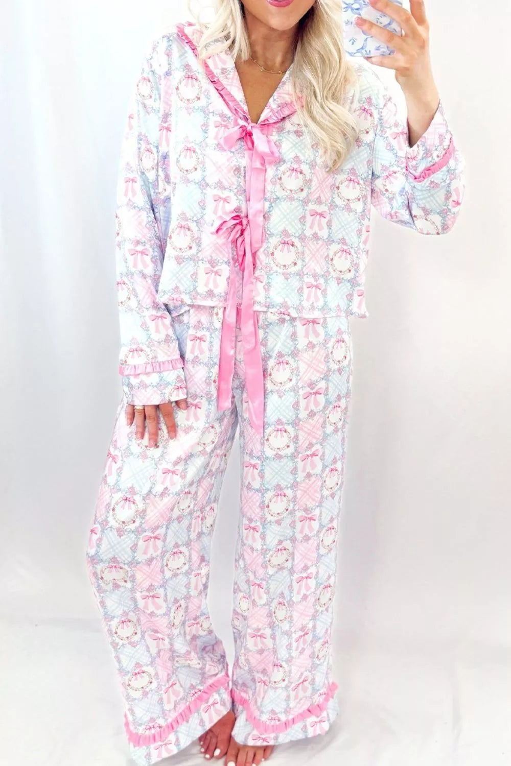 Wreath Pattern Christmas Tied Front Long Sleeve 2pcs Pajama Set Pink
