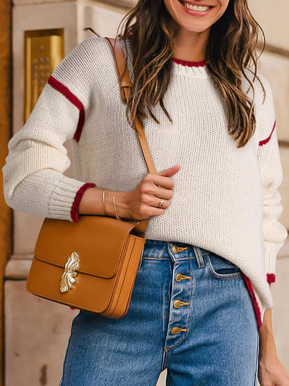 Contrast Trim Long Sleeve Sweater Ivory