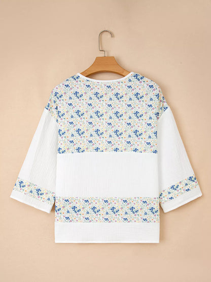 Floral Print Henley Button 3/4 Sleeve Blouse