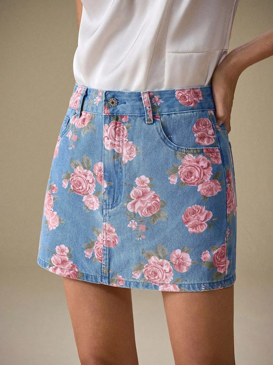 Floral Print Denim Skirt
