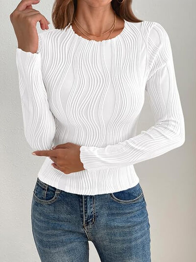 Textured Round Neck Long Sleeve Top White