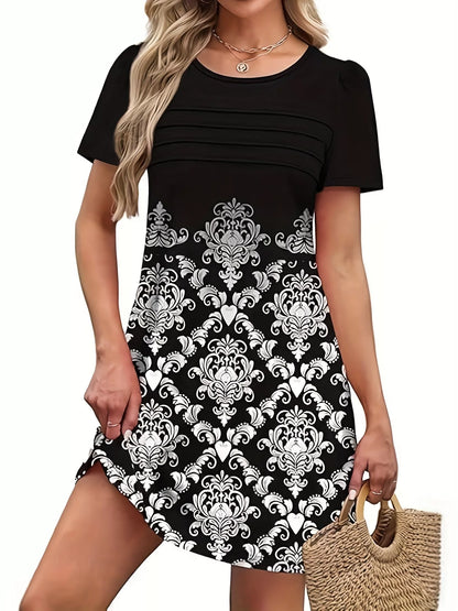 Printed Round Neck Short Sleeve Dress Black