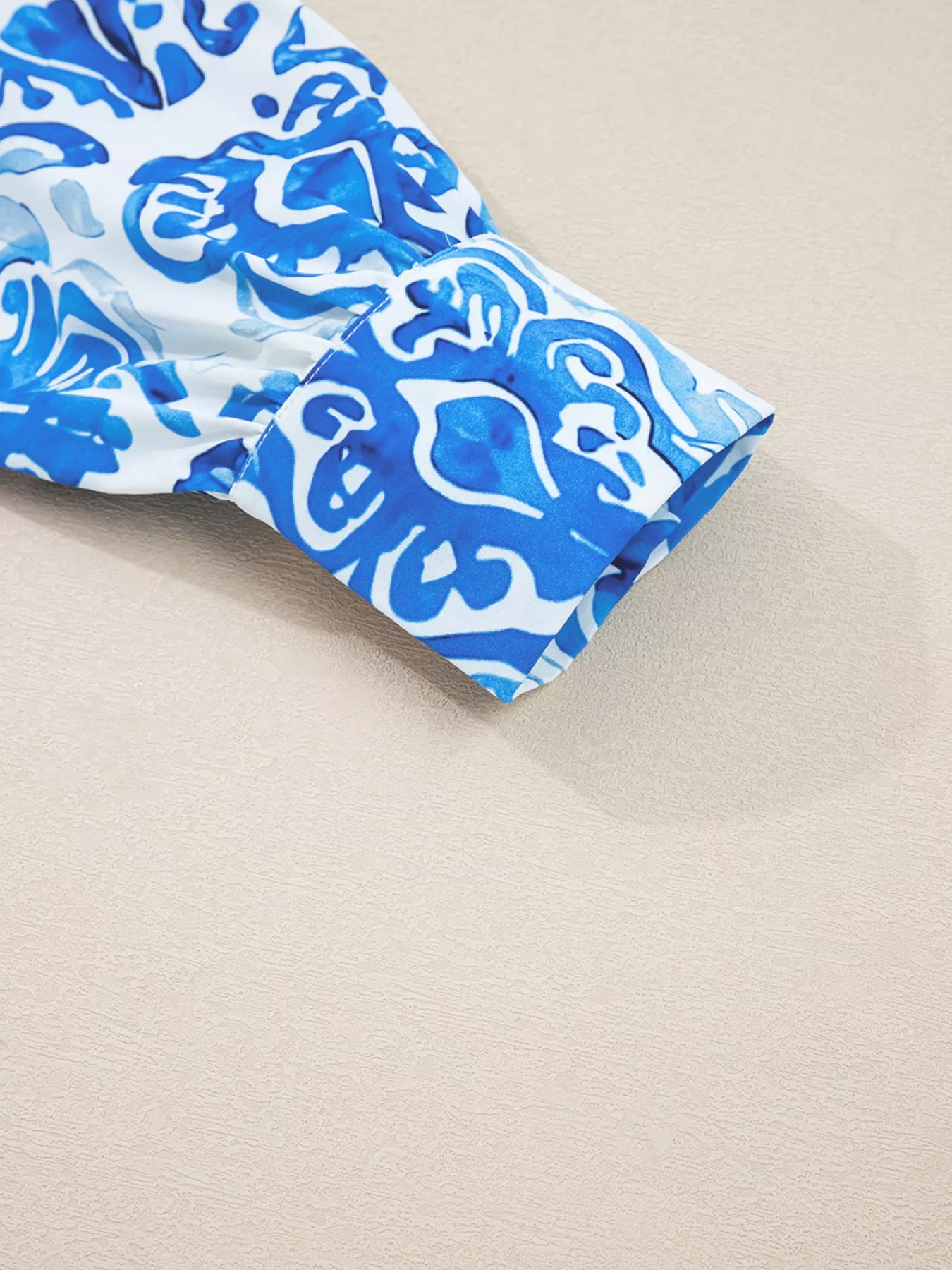 Printed Tie Split Neck Button Front Puff Sleeve Shirt